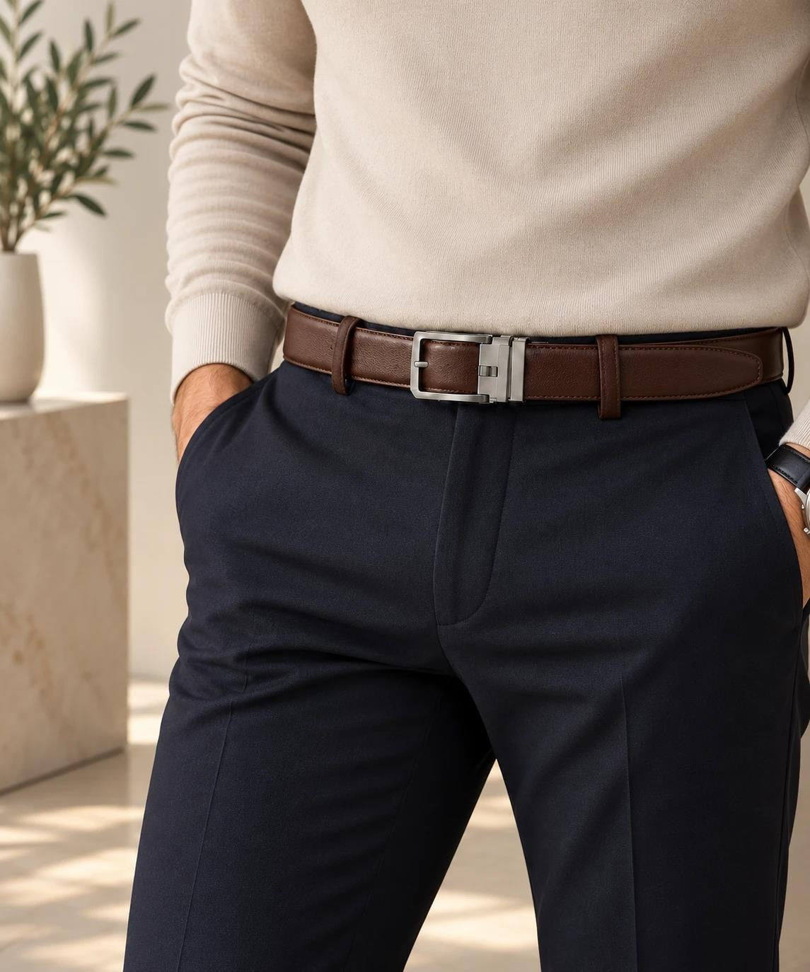 Ceinture Vacuna marron foncé portée avec un pull beige